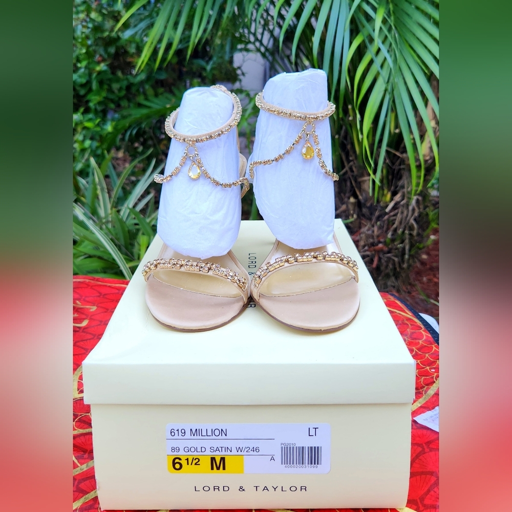 Gold Satin And Jeweled Dress Sandals